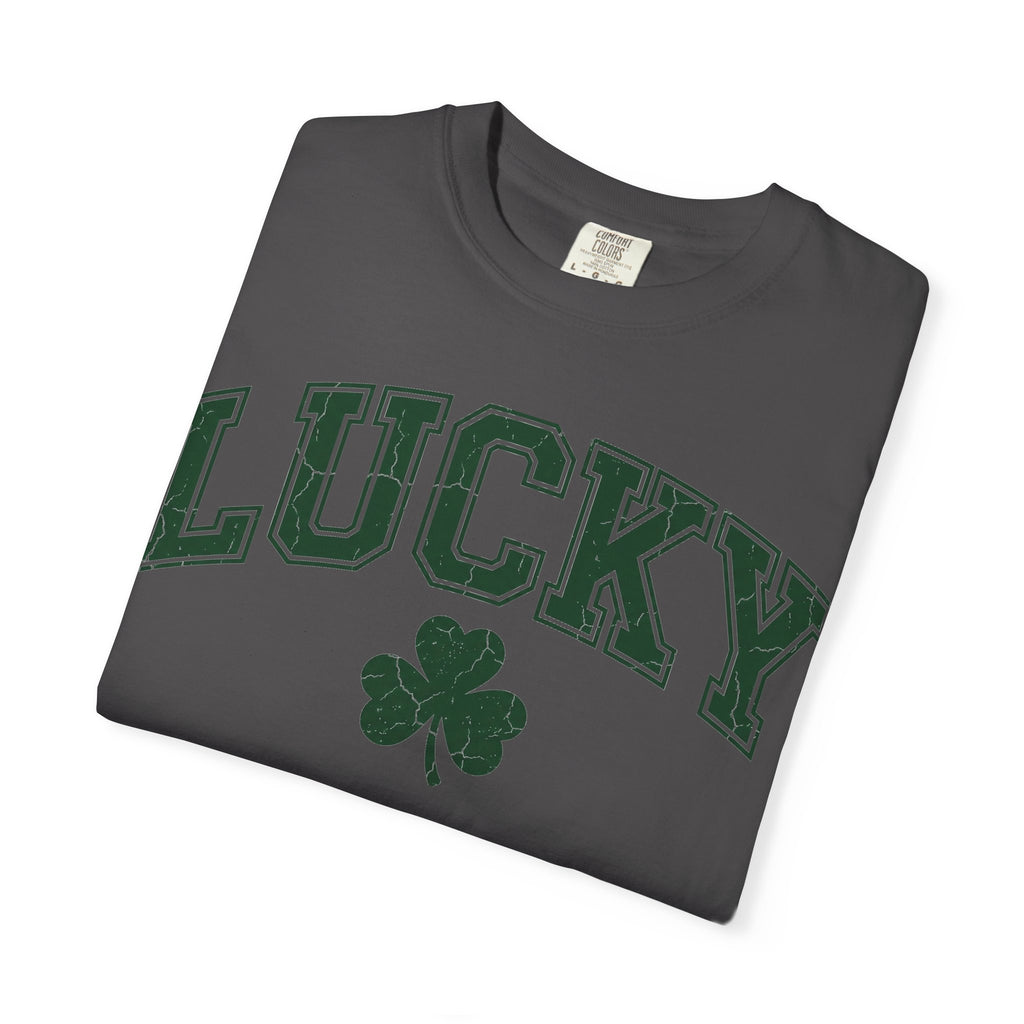 Lucky Shamrock Varsity Shirt, Distressed Green Clover Tee, St Patricks Day Collegiate Shirt, Irish Gift