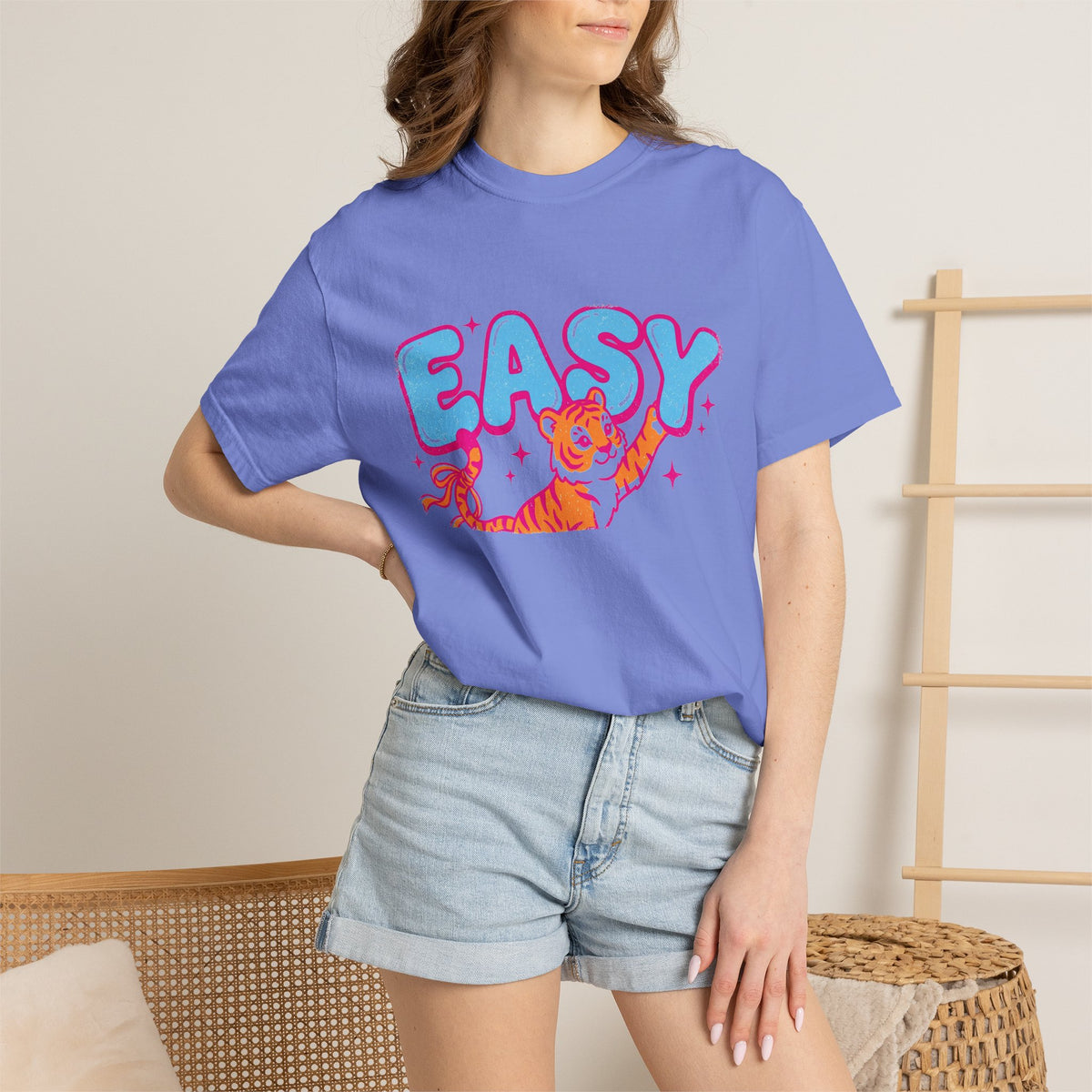 Easy Tiger Shirt, Y2K Bubble Letter Tiger Tee, Pink And Blue Retro Shirt, Funny Flirty Gift