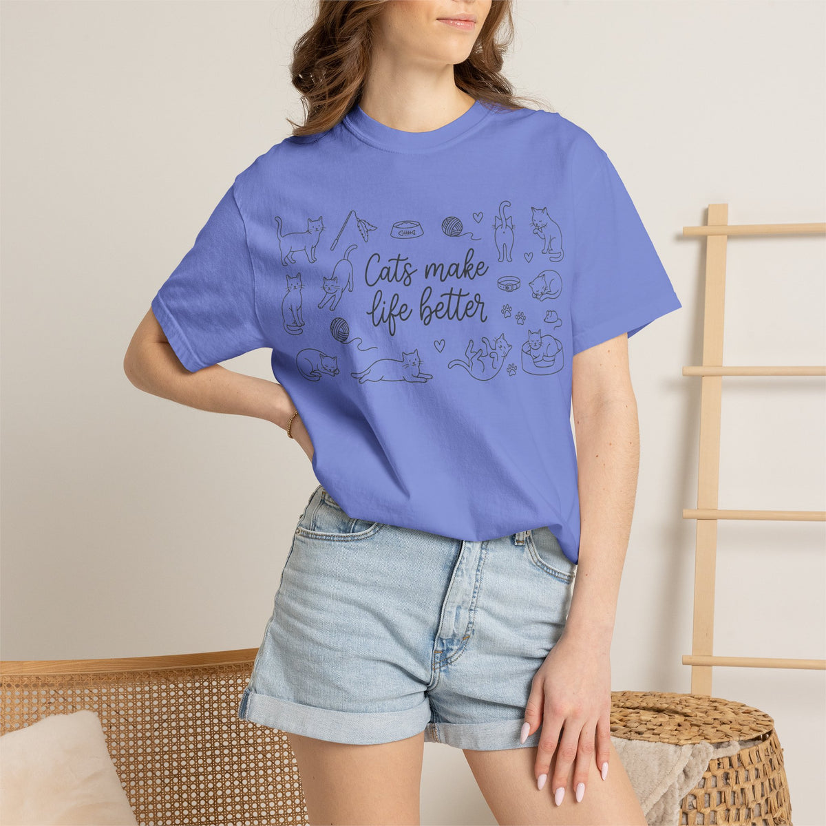 Cats Make Life Better Wide Shirt, Scattered Cat Doodle Tee, Minimal Cat Lover Shirt, Cat Owner Gift
