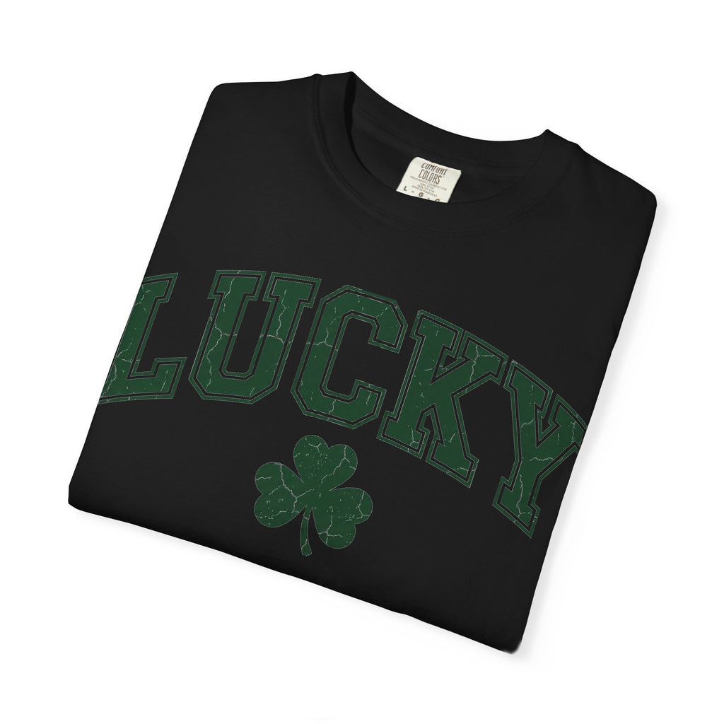 Lucky Shamrock Varsity Shirt, Distressed Green Clover Tee, St Patricks Day Collegiate Shirt, Irish Gift