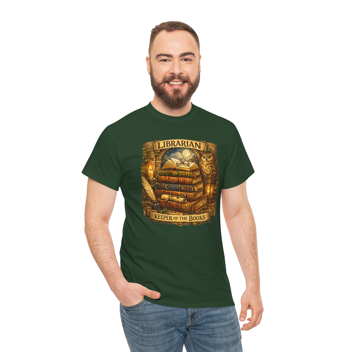 Librarian 'Keeper of the Books' T-Shirt — Vintage Bookstack & Owl Graphic