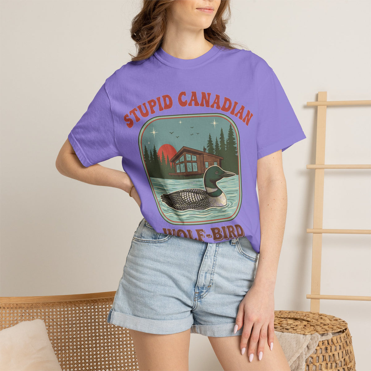 Stupid Canadian Wolf-Bird Arched Shirt, Retro Loon Sunset Badge Tee, Funny Lake Shirt, Cabin Gift