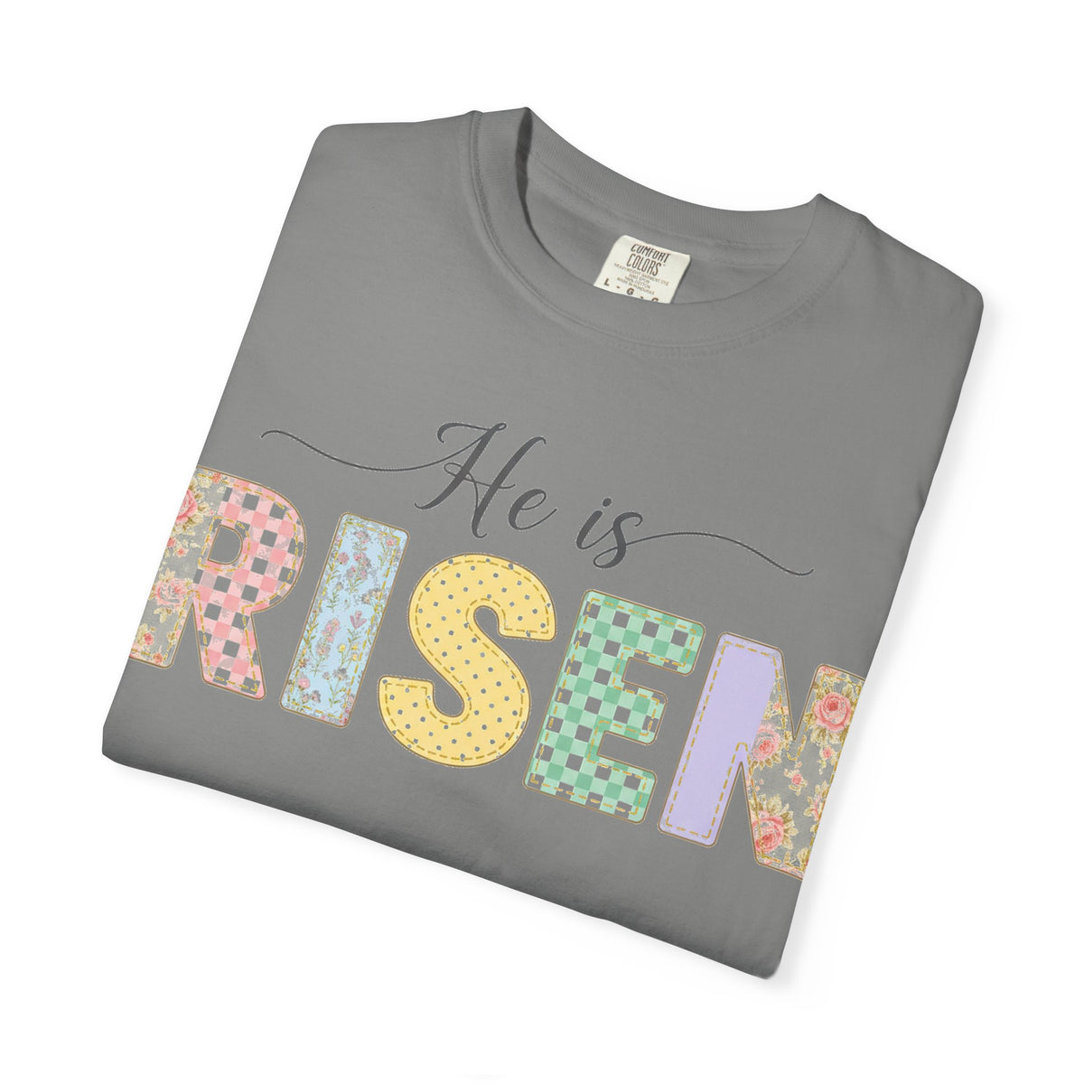 He Is Risen Pastel Patch Shirt, Easter Faux Stitch Letter Tee, Christian Spring Shirt, Easter Gift