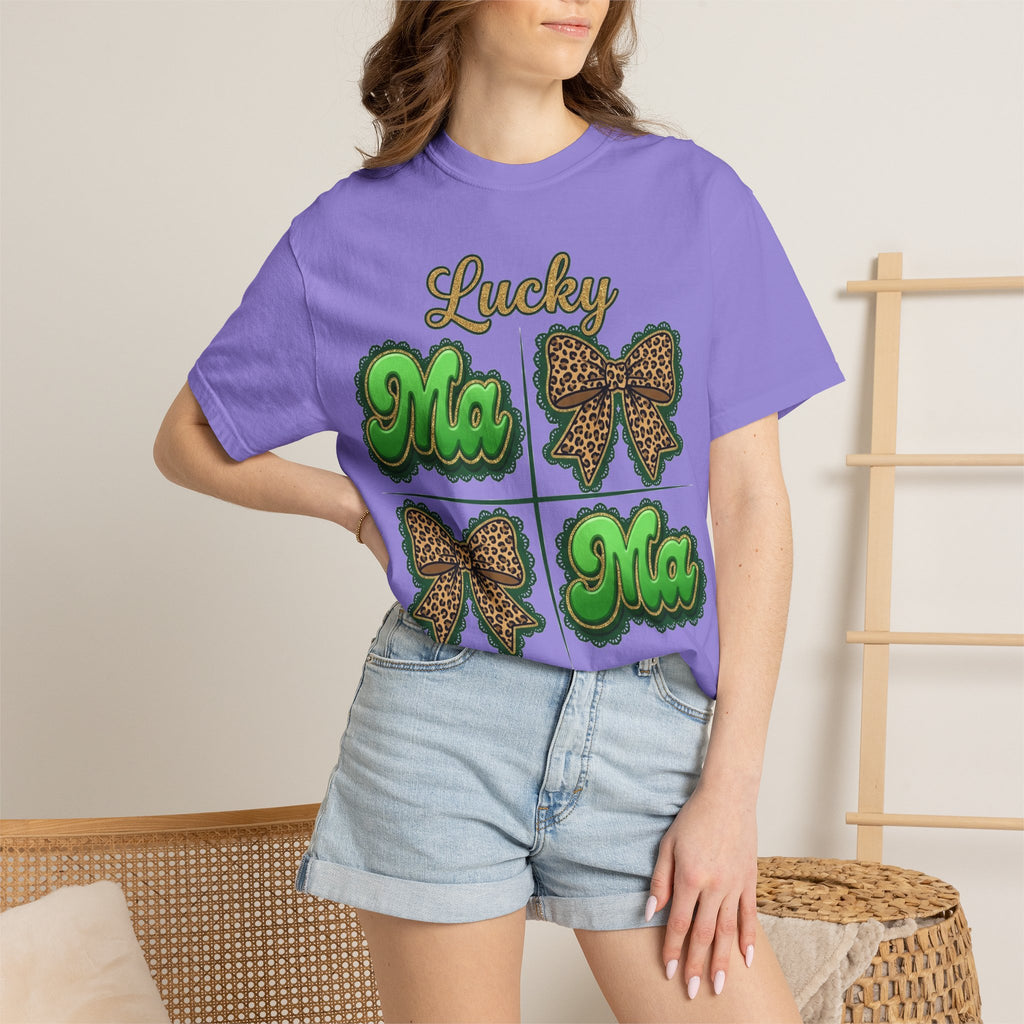 Lucky Mama Shirt, St Patricks Day Leopard Bow Tee, Green Glitter Mama Shirt, Irish Mom Gift