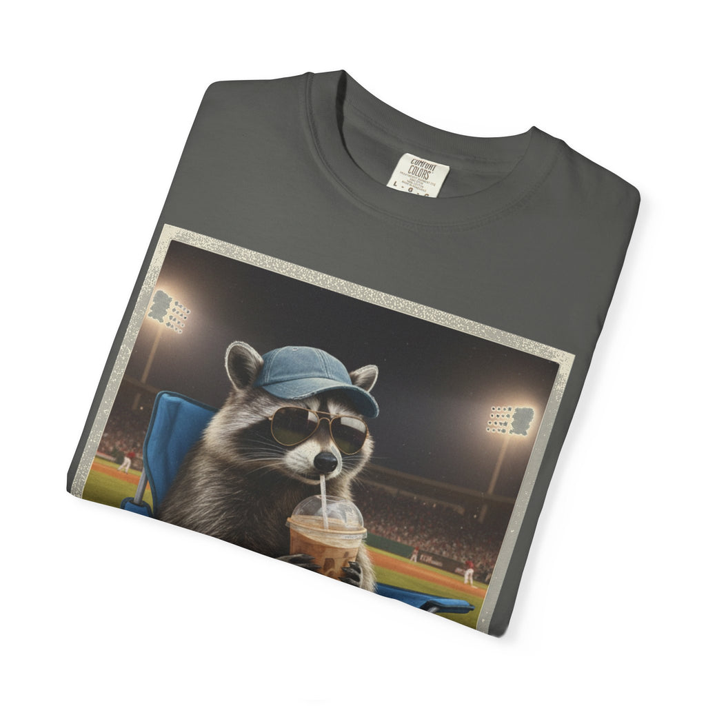 Baseball Raccoon Shirt, I Live Here Now Tee, Funny Ballpark Iced Coffee Shirt, Baseball Mom Gift