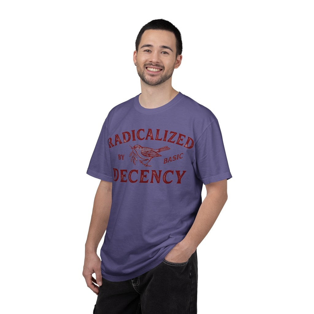 Radicalized By Basic Decency Bold Shirt, Engraved Bird Typography Tee, Kindness Statement Shirt, Protest Gift