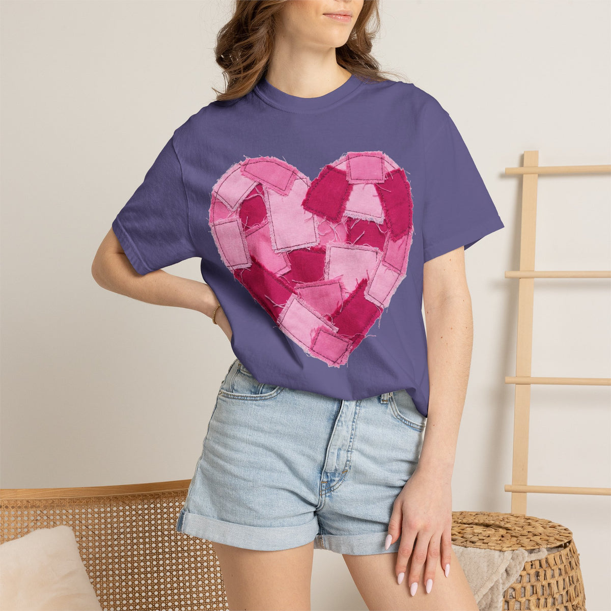 Patchwork Heart Shirt, Frayed Pink Quilt Heart Tee, Shabby Chic Valentine Shirt, Cozy Gift