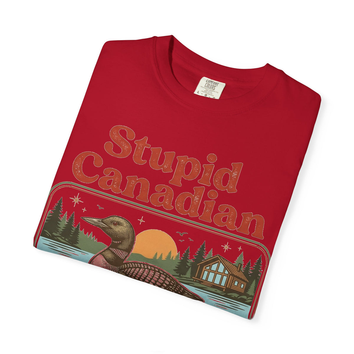 Stupid Canadian Wolf-Bird Classic Shirt, Loon Lake Scene Badge Tee, Funny Cabin Shirt, Lake Life Gift
