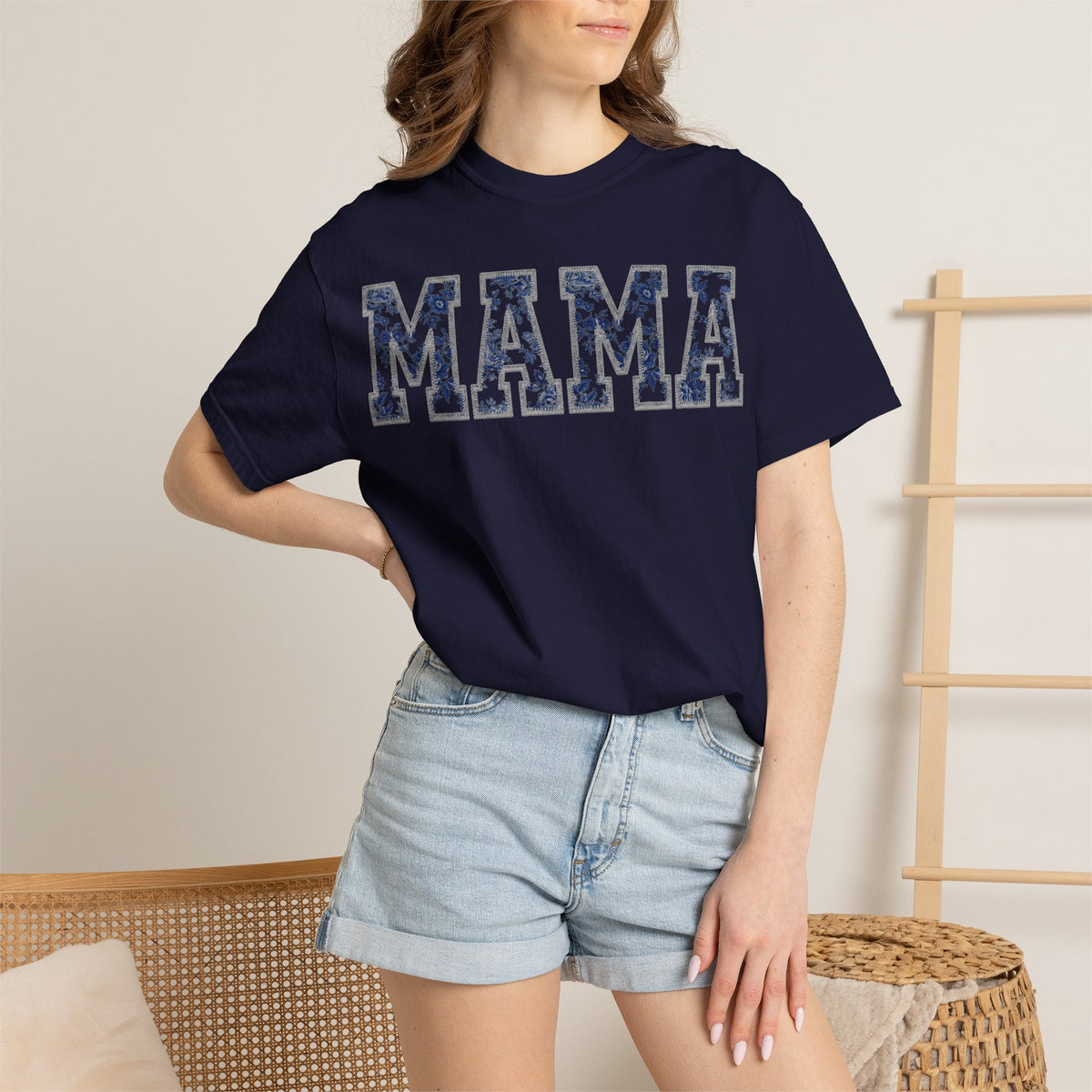 Mama Blue Toile Shirt, Delft Floral Applique Varsity Tee, Chinoiserie Mom Shirt, Mothers Day Gift