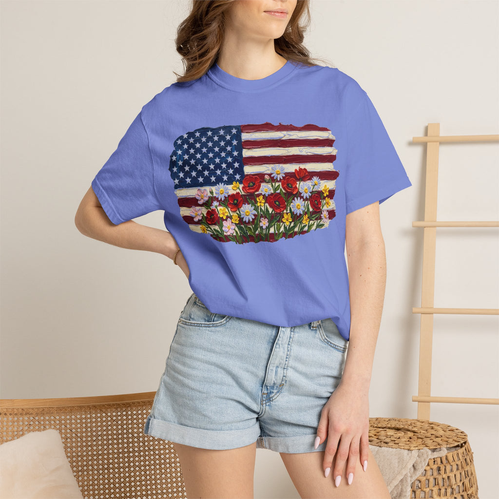 Impasto American Flag Wildflowers Shirt, Painted Flag Floral Tee, Patriotic Garden Shirt, Fourth Of July Gift