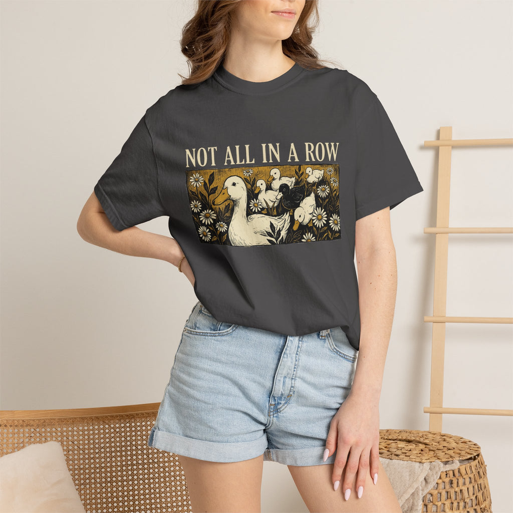 Not All In A Row Shirt, Woodcut Duck And Daisies Tee, Vintage Block Print Shirt, Funny Duck Gift