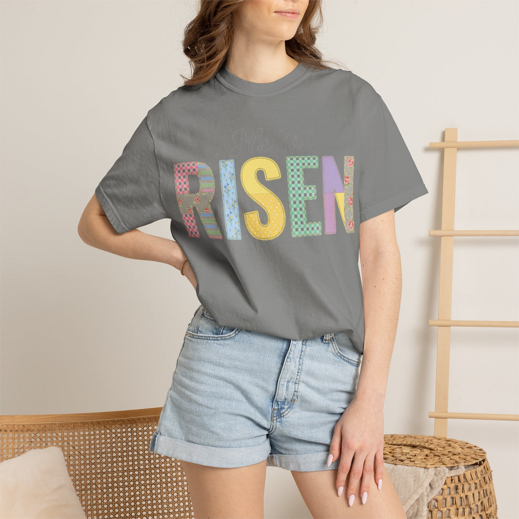 He Is Risen Patchwork Shirt, Faux Applique Easter Tee, Gingham Floral Christian Shirt, Easter Gift