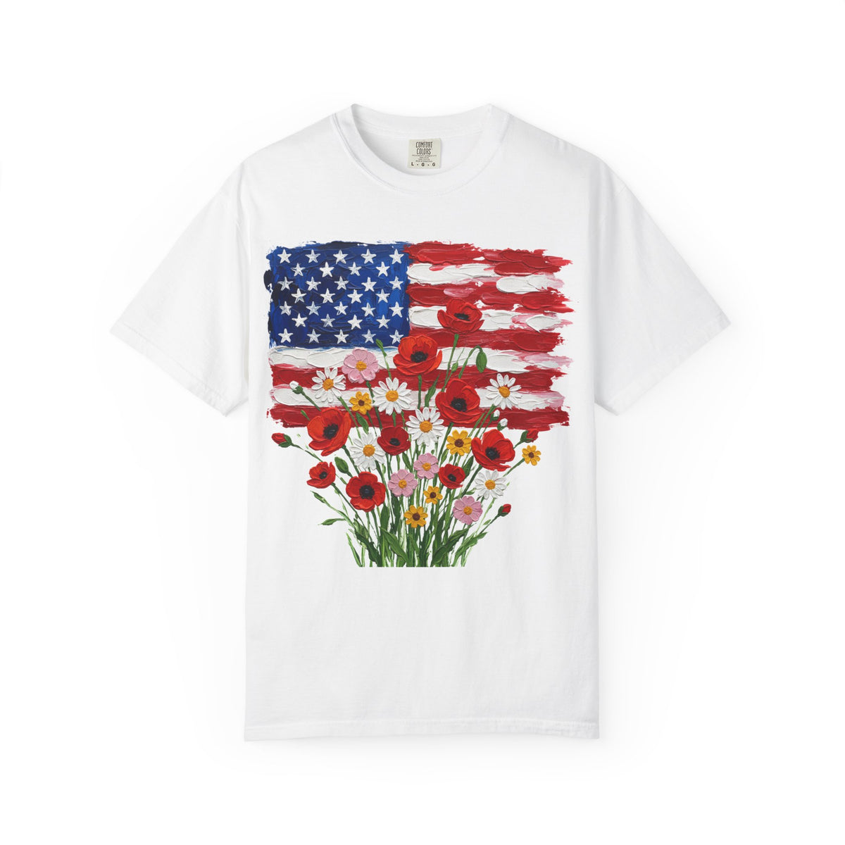 American Flag Poppy Bouquet Shirt, Impasto Patriotic Floral Tee, Memorial Day Shirt, Veterans Gift