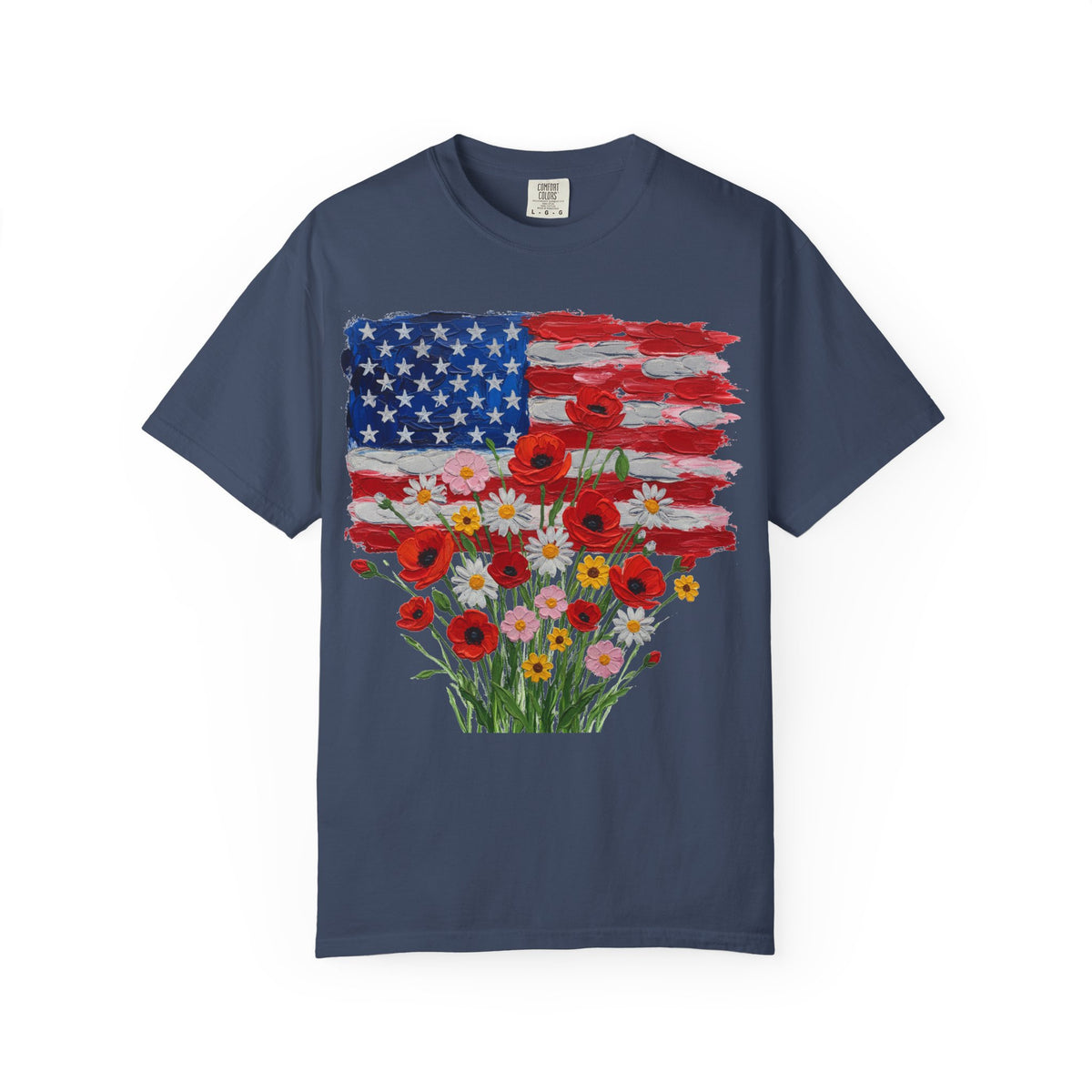 American Flag Poppy Bouquet Shirt, Impasto Patriotic Floral Tee, Memorial Day Shirt, Veterans Gift