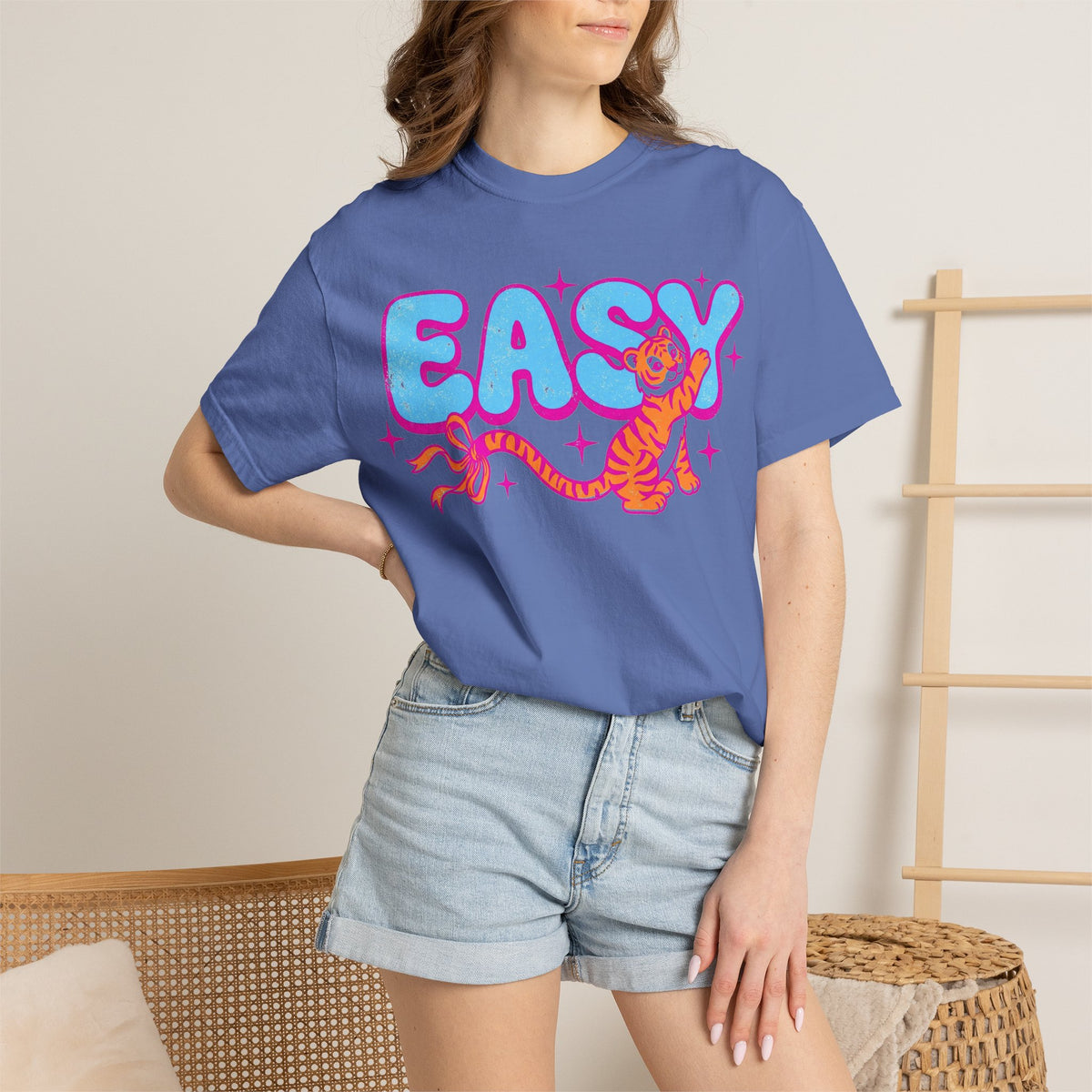 Easy Tiger Bow Shirt, Y2K Cub Bubble Type Tee, Retro Pink Blue Tiger Shirt, Trendy Gift