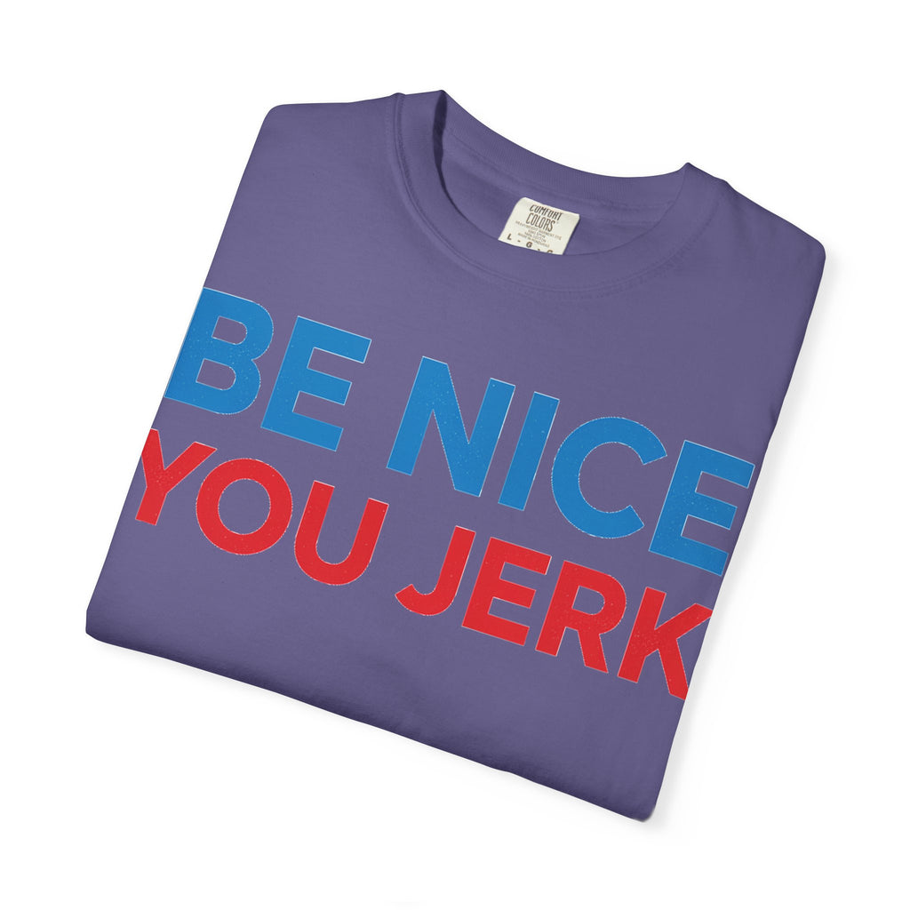 Be Nice You Jerk Wide Shirt, Funny Sarcastic Saying Tee, Light Blue And Red Shirt, Funny Friend Gift