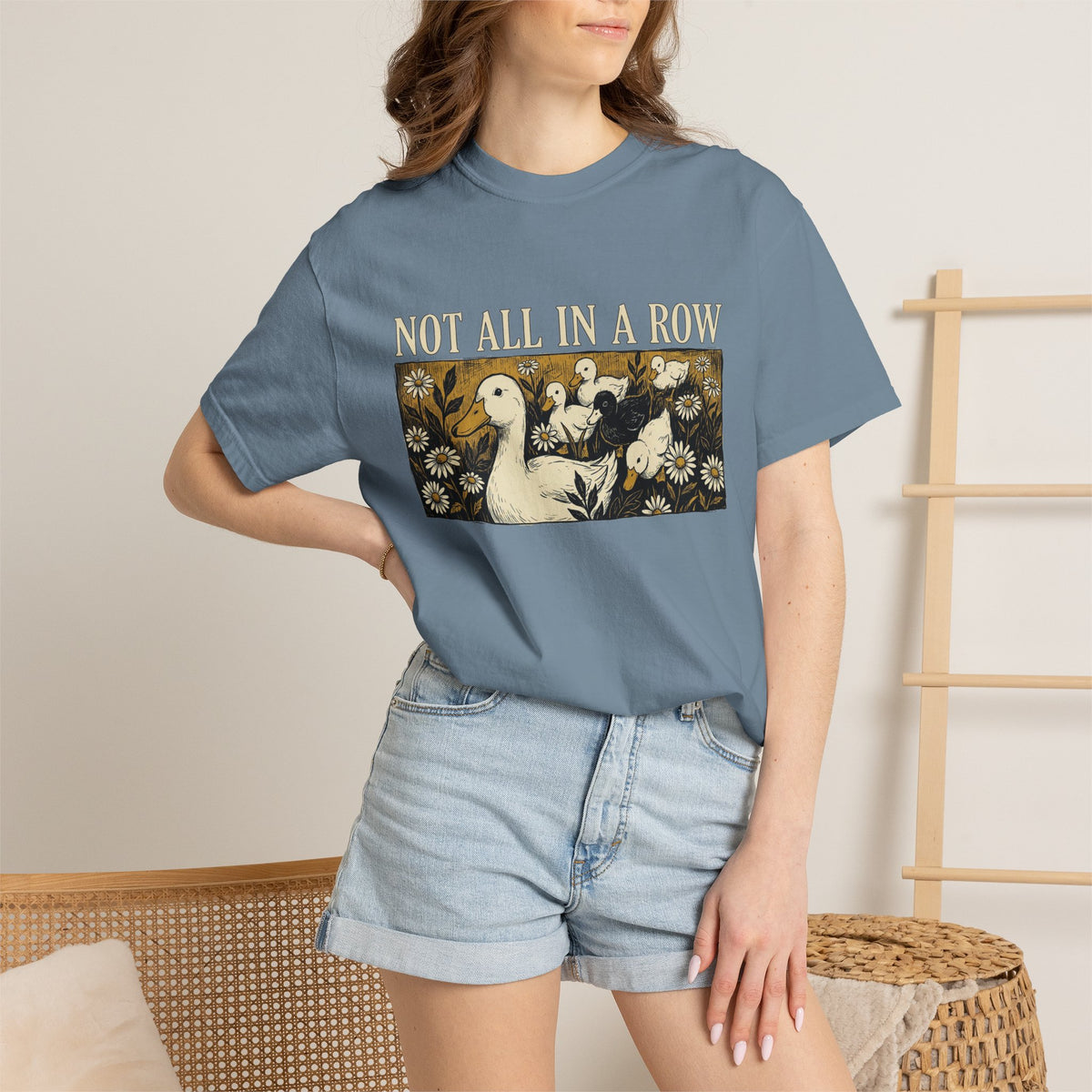 Not All In A Row Shirt, Woodcut Duck And Daisies Tee, Vintage Block Print Shirt, Funny Duck Gift