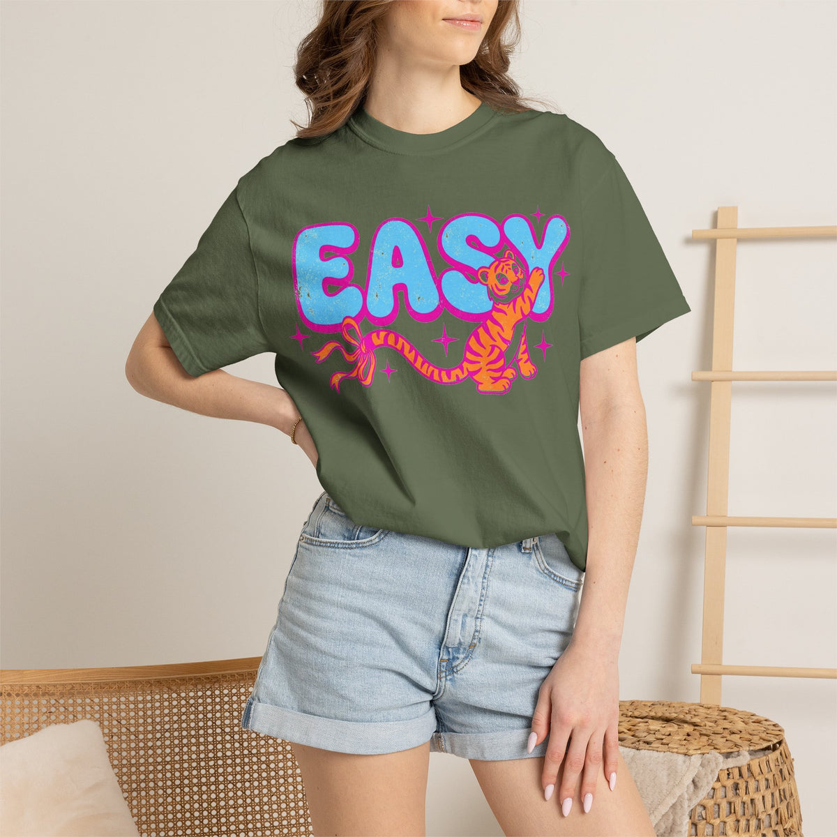 Easy Tiger Bow Shirt, Y2K Cub Bubble Type Tee, Retro Pink Blue Tiger Shirt, Trendy Gift