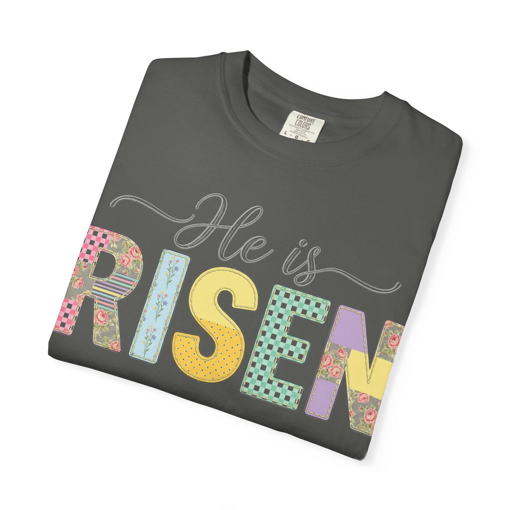 He Is Risen Floral Applique Shirt, Rose Gingham Easter Tee, Christian Patchwork Shirt, Easter Gift
