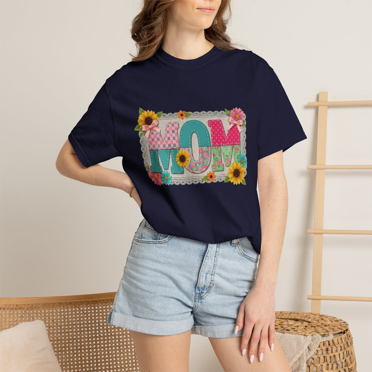 Mom Sunflower Applique Shirt, Faux Stitch Floral MOM Tee, Mothers Day Shirt, Mom Gift