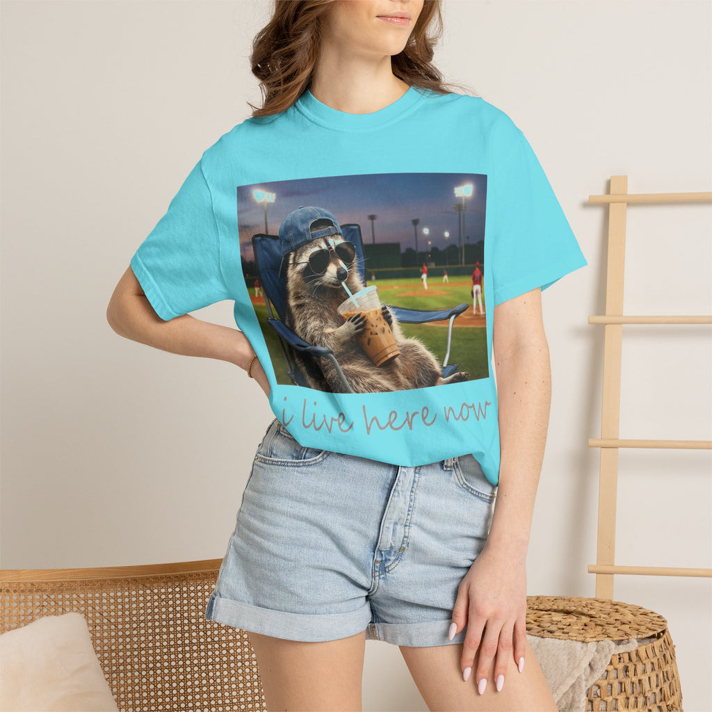I Live Here Now Baseball Raccoon Shirt, Funny Sports Parent Tee, Iced Coffee Raccoon Shirt, Baseball Mom Gift