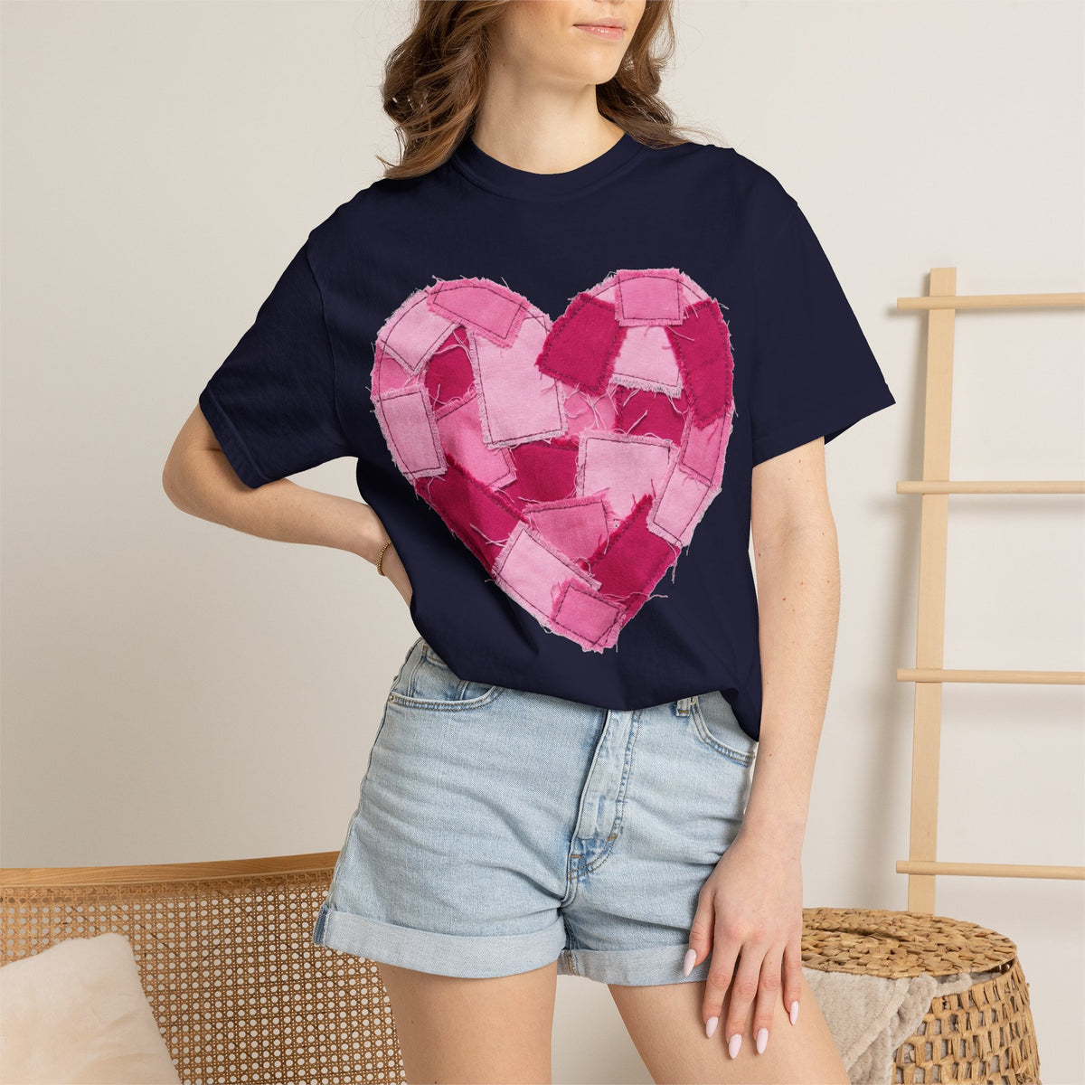 Patchwork Heart Shirt, Frayed Pink Quilt Heart Tee, Shabby Chic Valentine Shirt, Cozy Gift