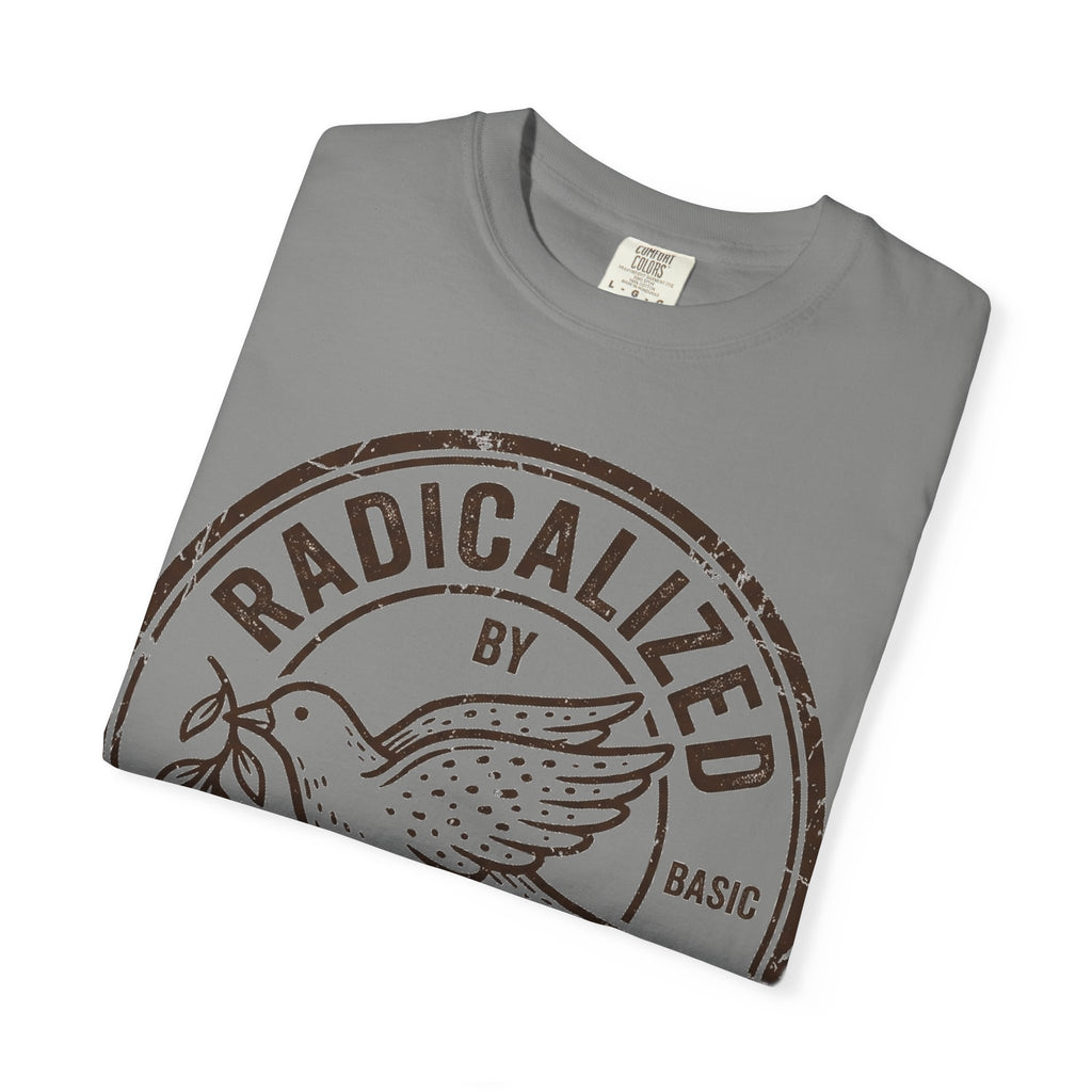 Radicalized By Basic Decency Brown Stamp Shirt, Flying Dove Badge Tee, Kindness Activist Shirt, Ally Gift