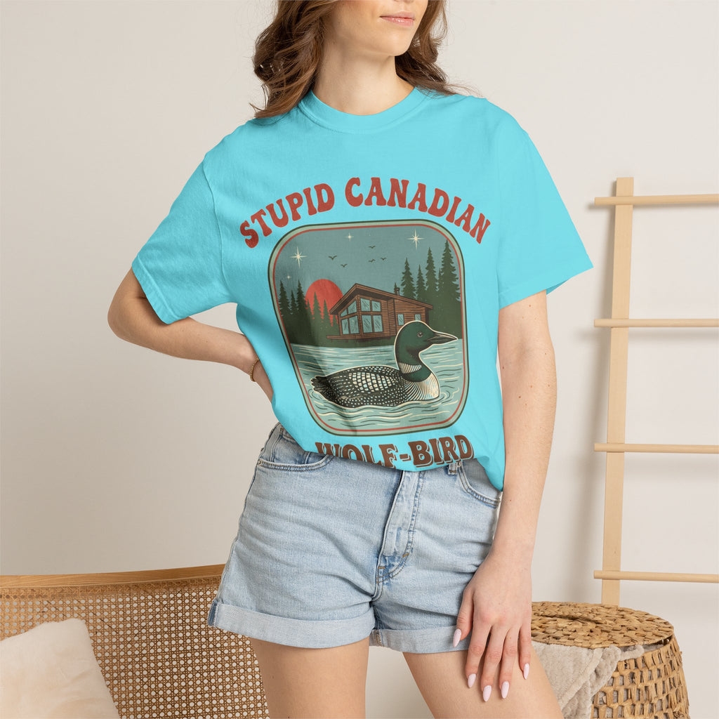 Stupid Canadian Wolf-Bird Arched Shirt, Retro Loon Sunset Badge Tee, Funny Lake Shirt, Cabin Gift