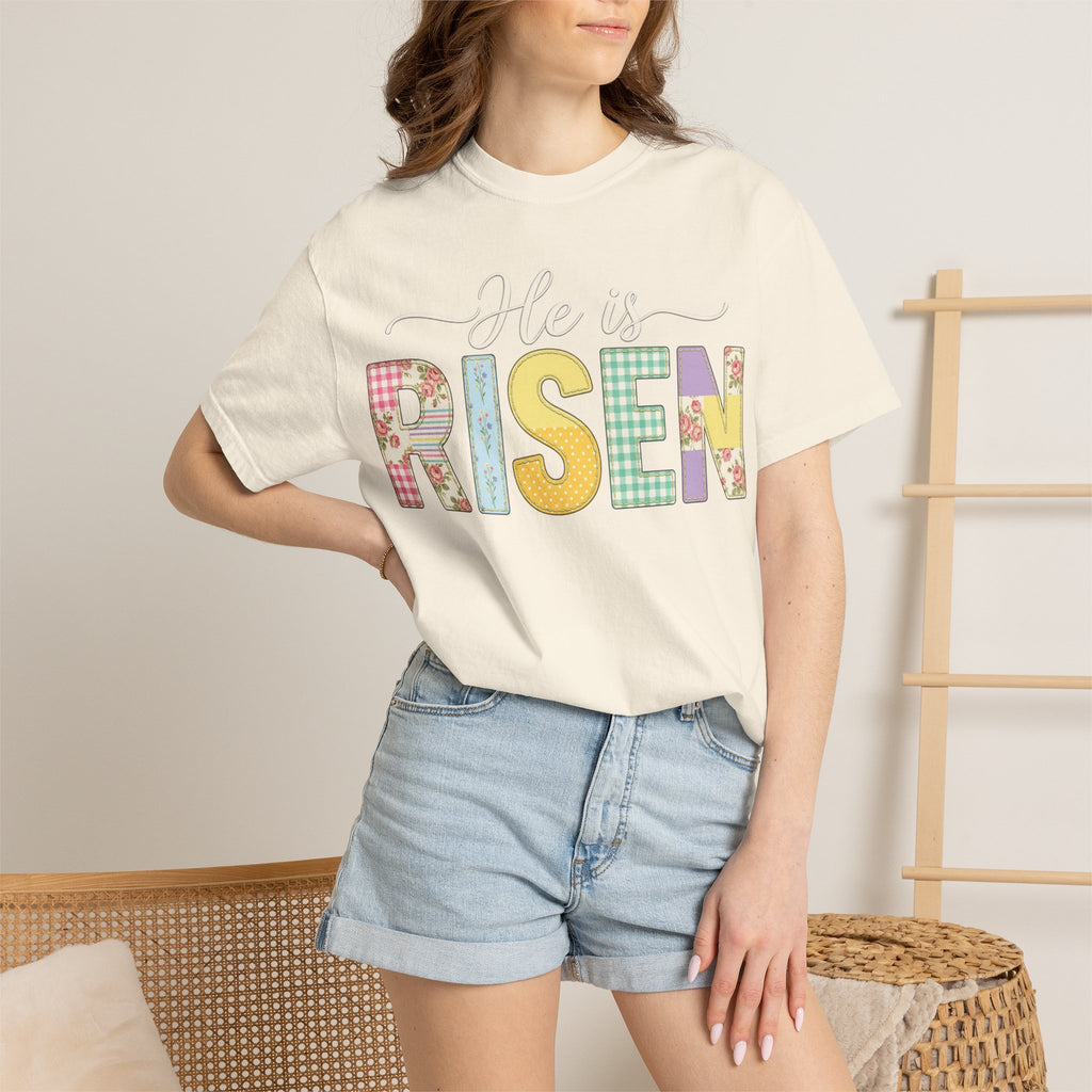 He Is Risen Floral Applique Shirt, Rose Gingham Easter Tee, Christian Patchwork Shirt, Easter Gift