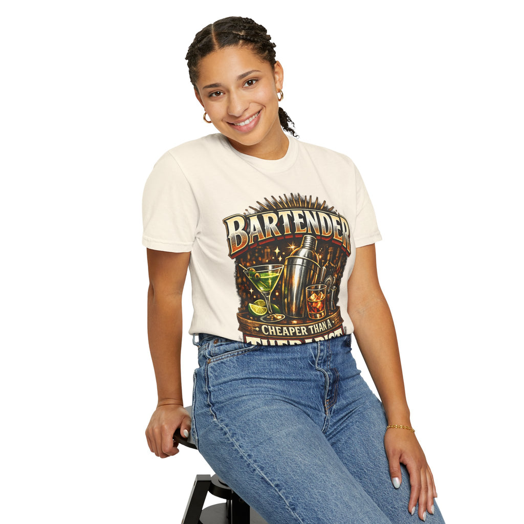 Bartender T-Shirt — "Bartender: Cheaper Than a Therapist" Vintage Bar Graphic Tee