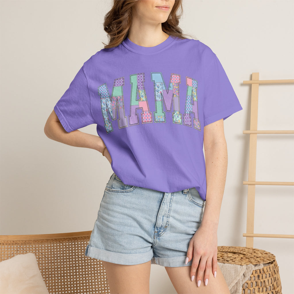 Mama Arched Patchwork Shirt, Pastel Quilt Letter Tee, Cottagecore Mom Shirt, Mothers Day Gift