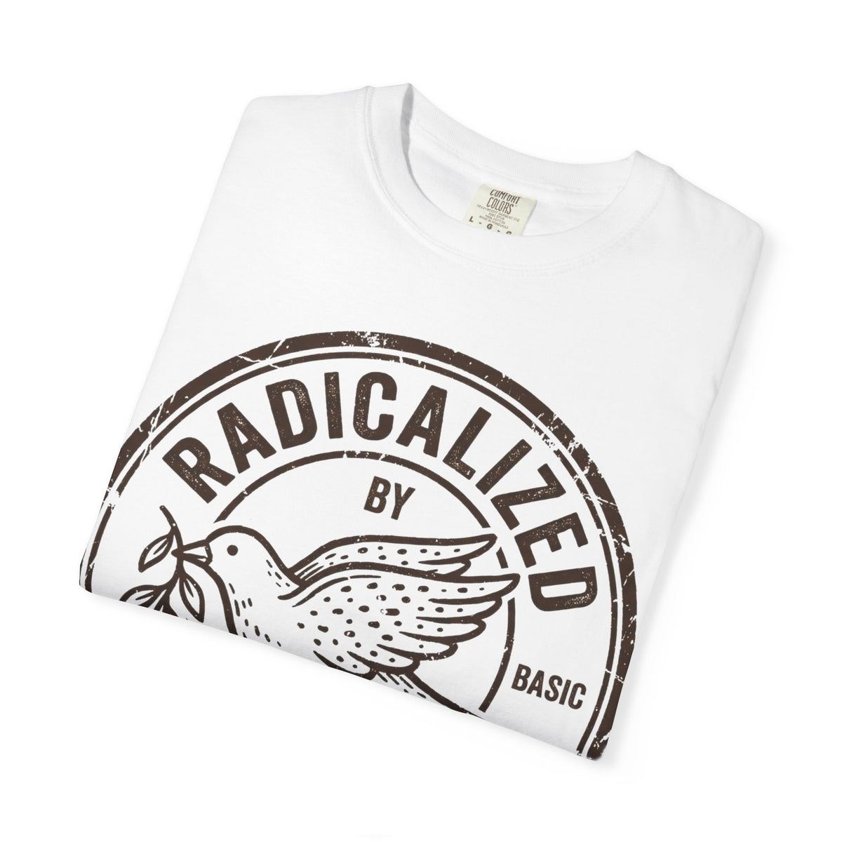 Radicalized By Basic Decency Brown Stamp Shirt, Flying Dove Badge Tee, Kindness Activist Shirt, Ally Gift