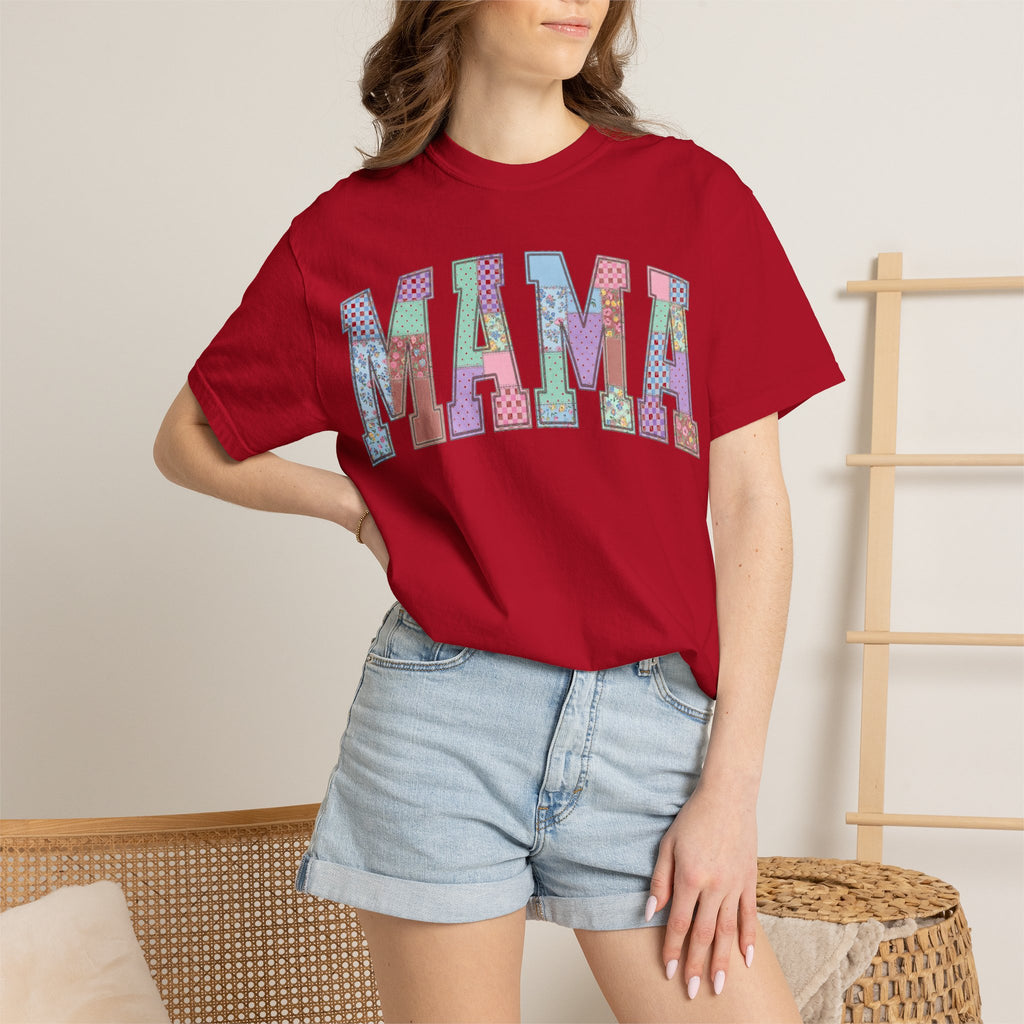 Mama Arched Patchwork Shirt, Pastel Quilt Letter Tee, Cottagecore Mom Shirt, Mothers Day Gift