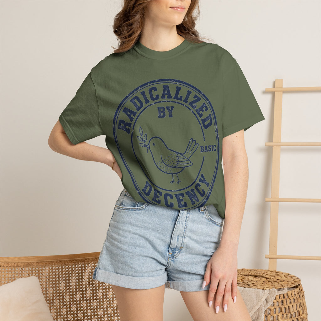 Radicalized By Basic Decency Navy Stamp Shirt, Line Art Dove Badge Tee, Kindness Protest Shirt, Activist Gift