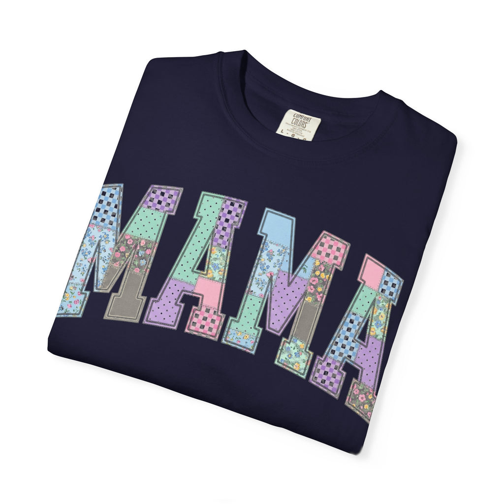 Mama Arched Patchwork Shirt, Pastel Quilt Letter Tee, Cottagecore Mom Shirt, Mothers Day Gift