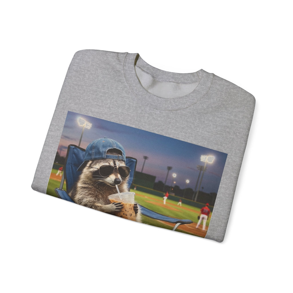 I Live Here Now Raccoon Baseball Sweatshirt, Funny Baseball Mom Sweatshirt, Raccoon Camp Chair Stadium Sweatshirt, Travel Ball Parent Gift,