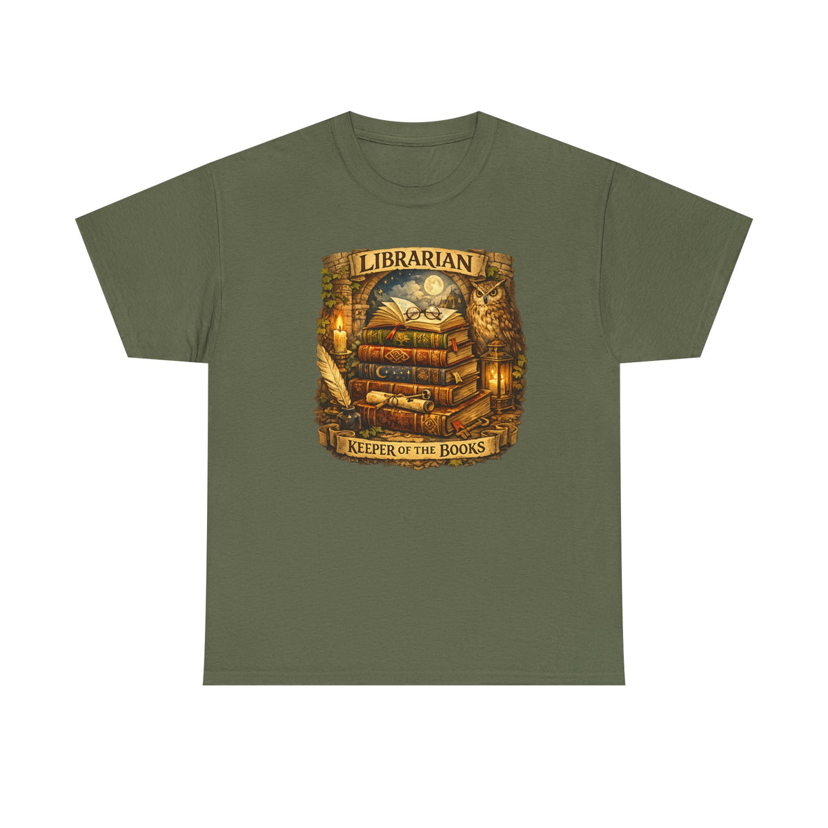 Librarian 'Keeper of the Books' T-Shirt — Vintage Bookstack & Owl Graphic
