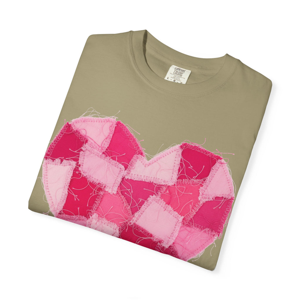 Hot Pink Patchwork Heart Shirt, Checkered Quilt Heart Tee, Frayed Applique Valentine Shirt, Gift For Her