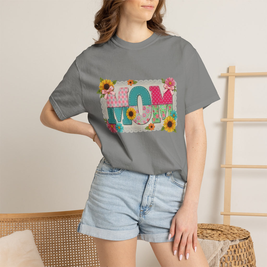 Mom Sunflower Applique Shirt, Faux Stitch Floral MOM Tee, Mothers Day Shirt, Mom Gift