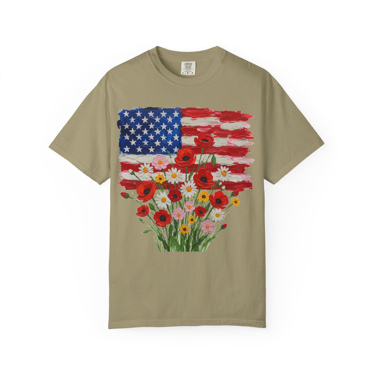 American Flag Poppy Bouquet Shirt, Impasto Patriotic Floral Tee, Memorial Day Shirt, Veterans Gift