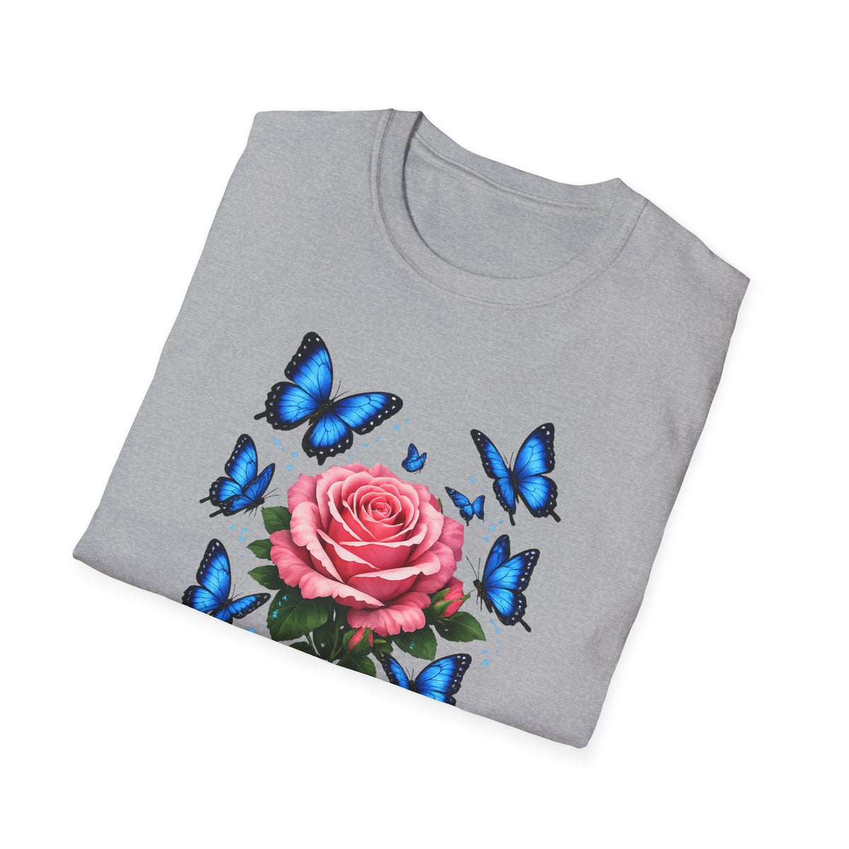 Rose and Blue Butterflies T-Shirt — Floral Garden Tee for Spring & Gifts