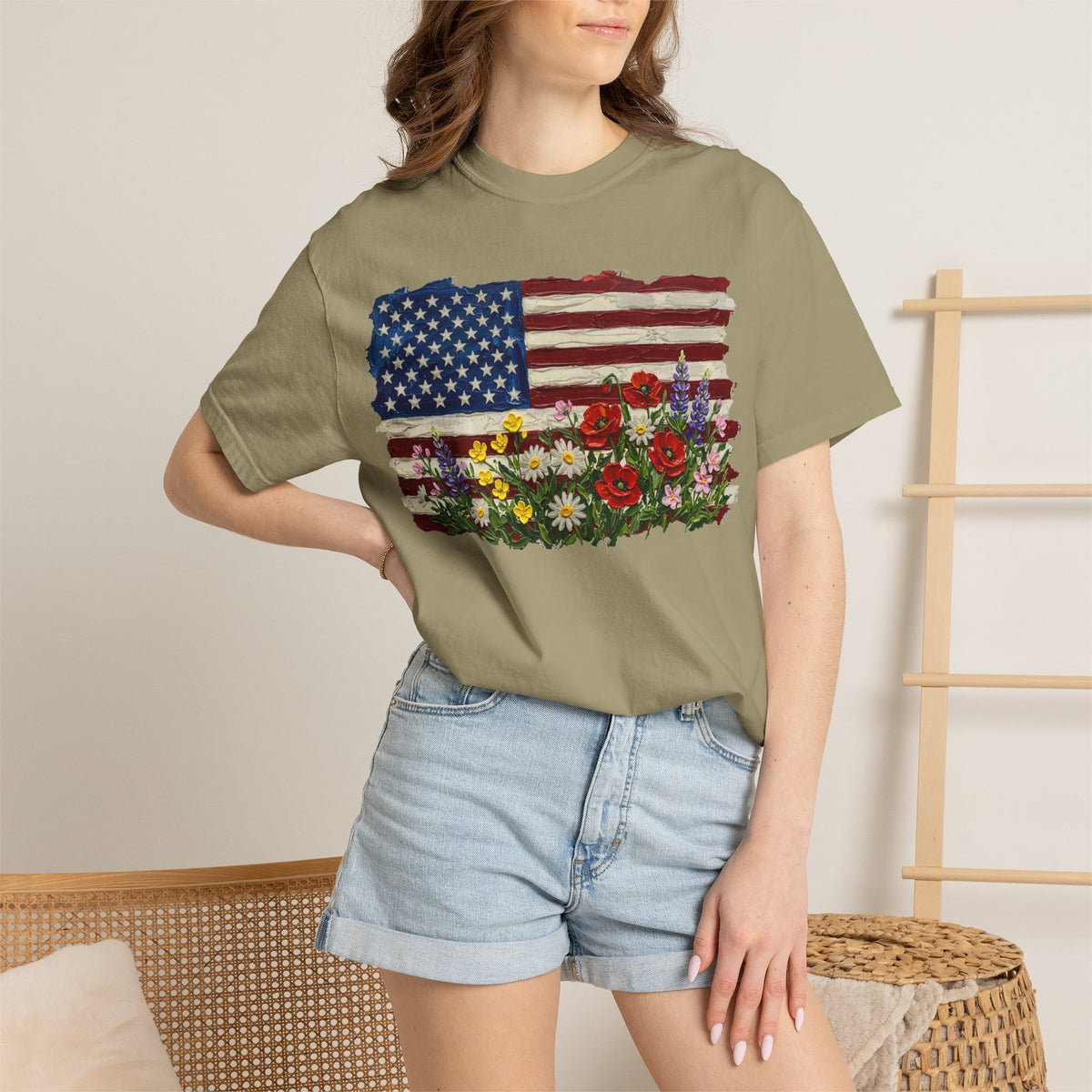 Painted Flag Wildflower Meadow Shirt, Impasto Americana Floral Tee, Patriotic Shirt, Independence Day Gift