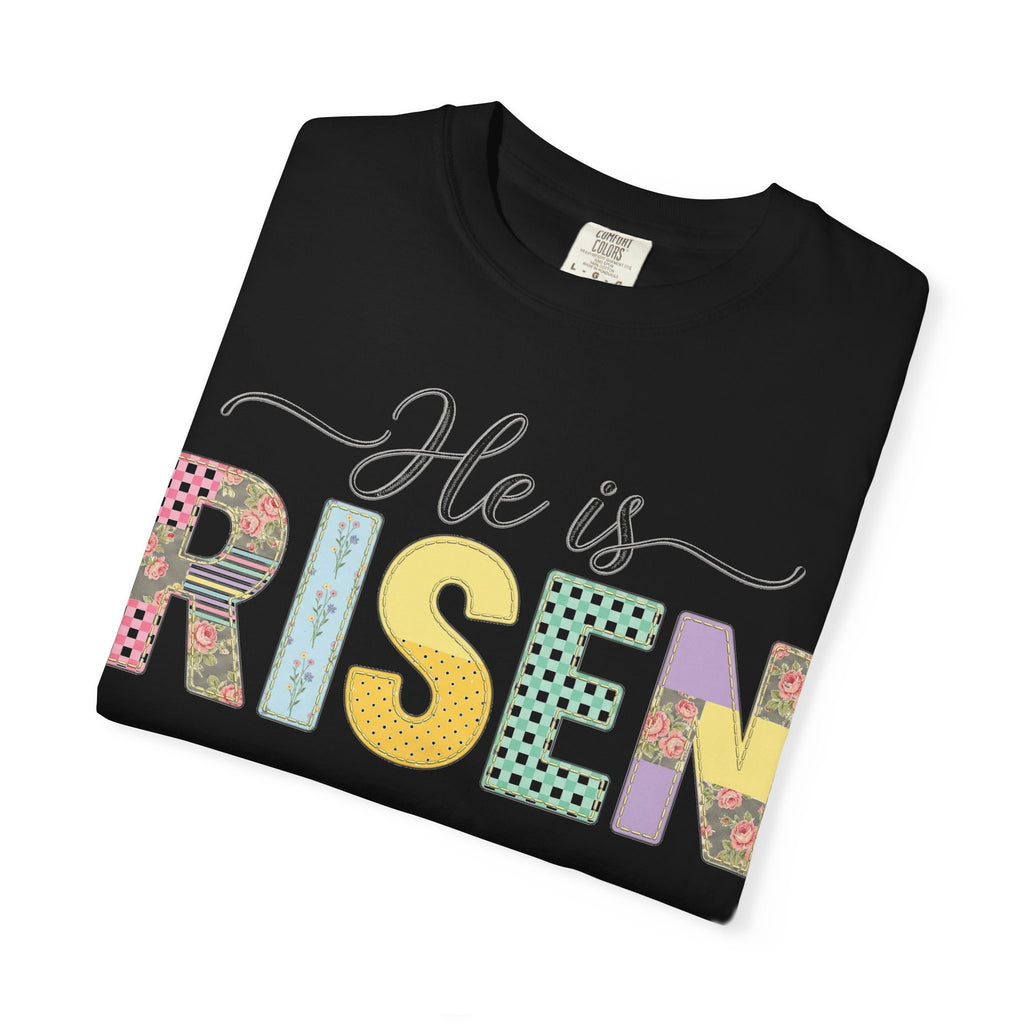 He Is Risen Floral Applique Shirt, Rose Gingham Easter Tee, Christian Patchwork Shirt, Easter Gift