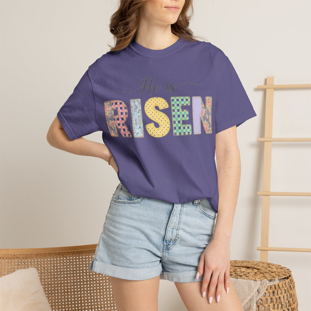 He Is Risen Pastel Patch Shirt, Easter Faux Stitch Letter Tee, Christian Spring Shirt, Easter Gift