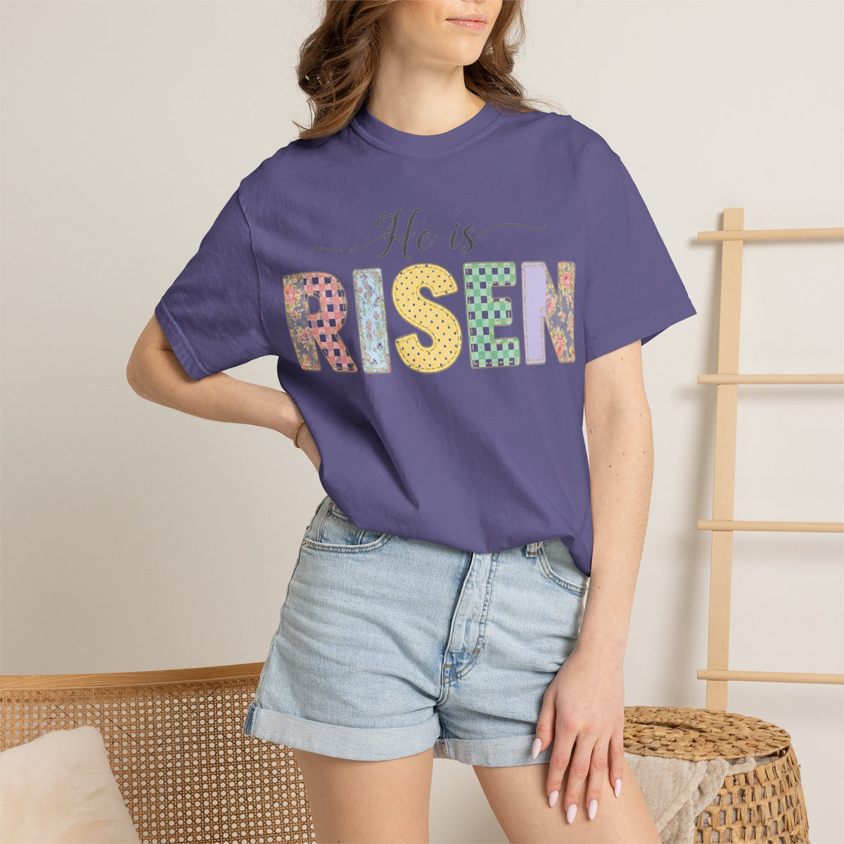 He Is Risen Pastel Patch Shirt, Easter Faux Stitch Letter Tee, Christian Spring Shirt, Easter Gift