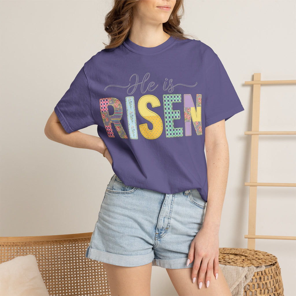 He Is Risen Floral Applique Shirt, Rose Gingham Easter Tee, Christian Patchwork Shirt, Easter Gift