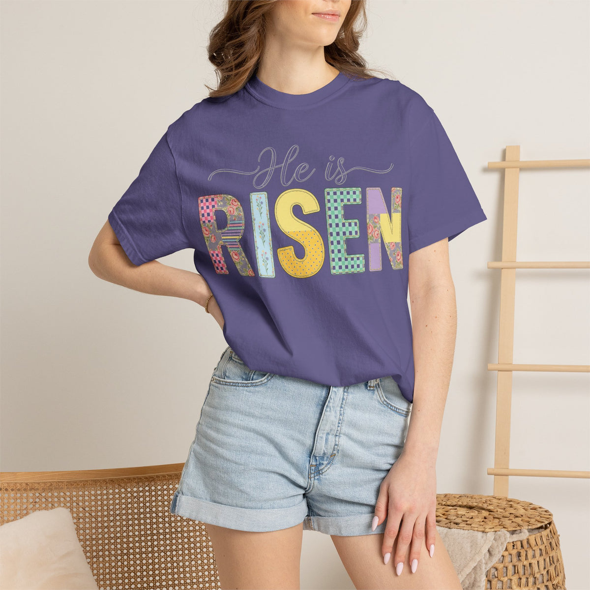 He Is Risen Floral Applique Shirt, Rose Gingham Easter Tee, Christian Patchwork Shirt, Easter Gift