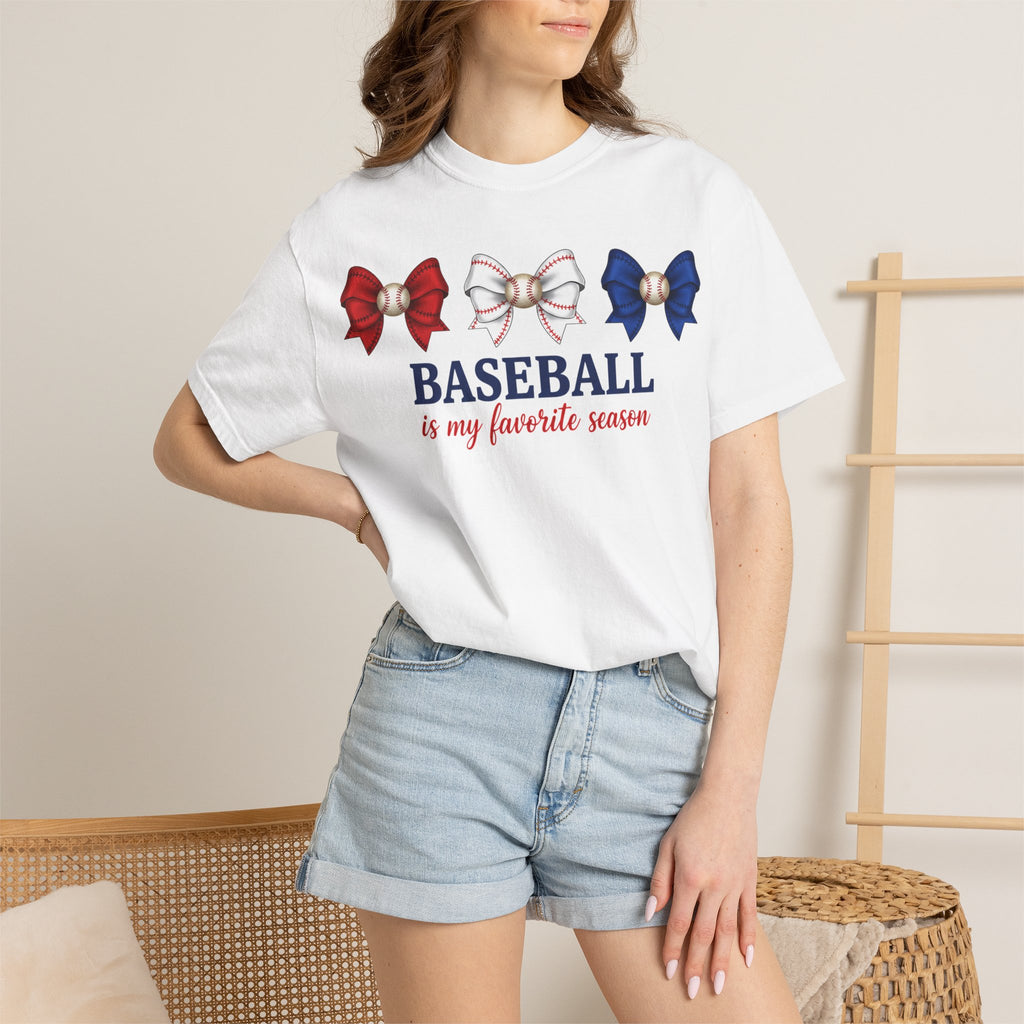 Baseball Is My Favorite Season Shirt, Red White Blue Bows Tee, Baseball Mama Shirt, Opening Day Gift