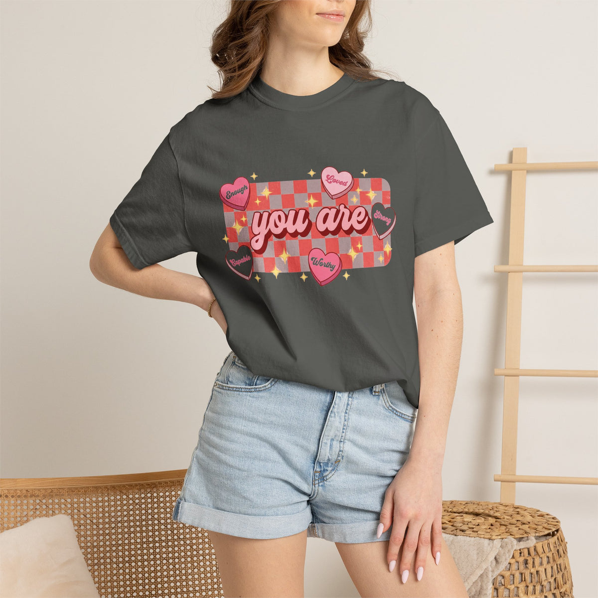 You Are Enough Loved Worthy Shirt, Conversation Heart Checkerboard Tee, Affirmation Valentine Shirt, Gift For Her