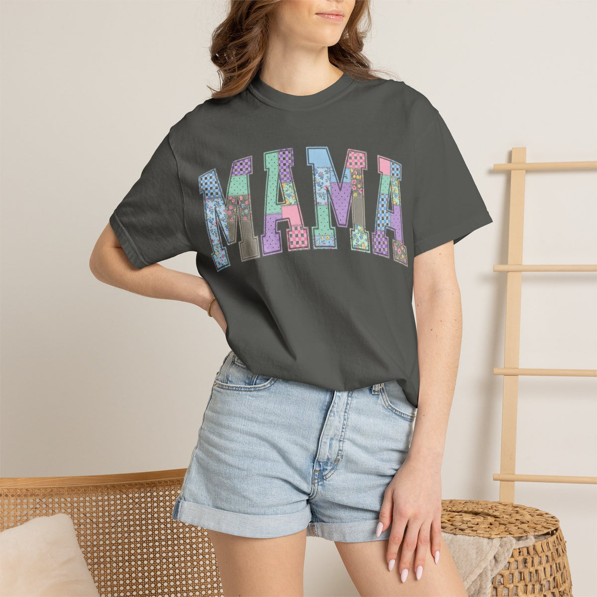Mama Arched Patchwork Shirt, Pastel Quilt Letter Tee, Cottagecore Mom Shirt, Mothers Day Gift